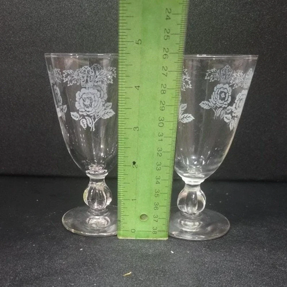 Libbey White Rose Cordials,‎ Set of 2, Etched Crown Sherry Glasses, Vtg Stemware